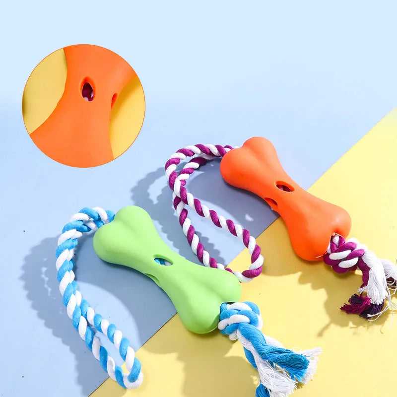 Green porous bone and rope knot dog chew toy for treat stuffing and gnawing teeth relief