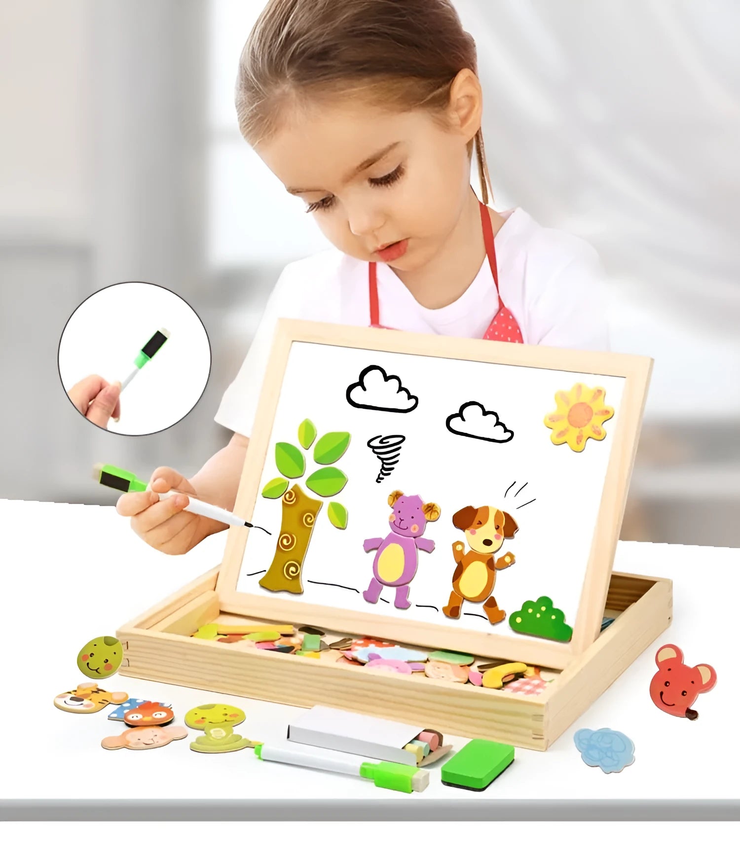 Wooden magnetic puzzle board with animal and zodiac theme pieces for children's educational play
