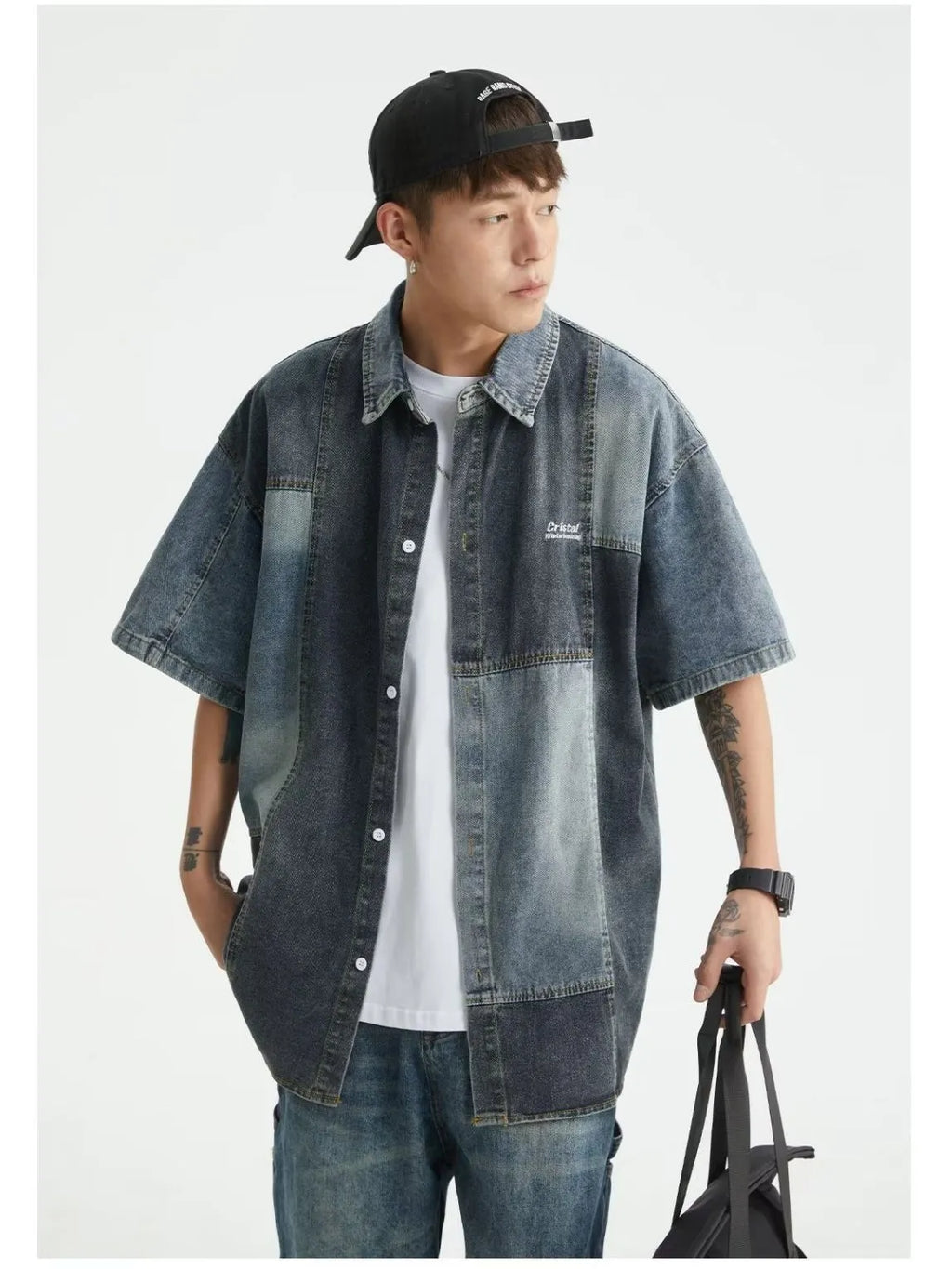 Men's blue Japanese-style retro denim shirt with washed stitching and loose cardigan fit