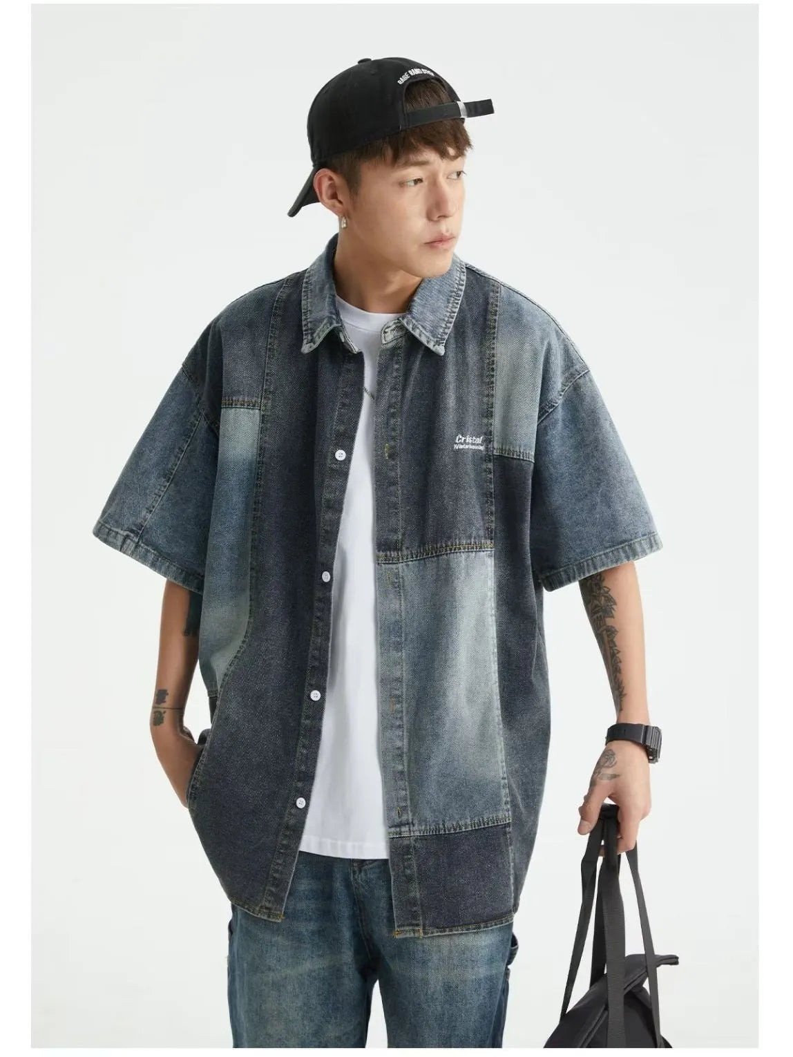 Men's blue Japanese-style retro denim shirt with washed stitching and loose cardigan fit