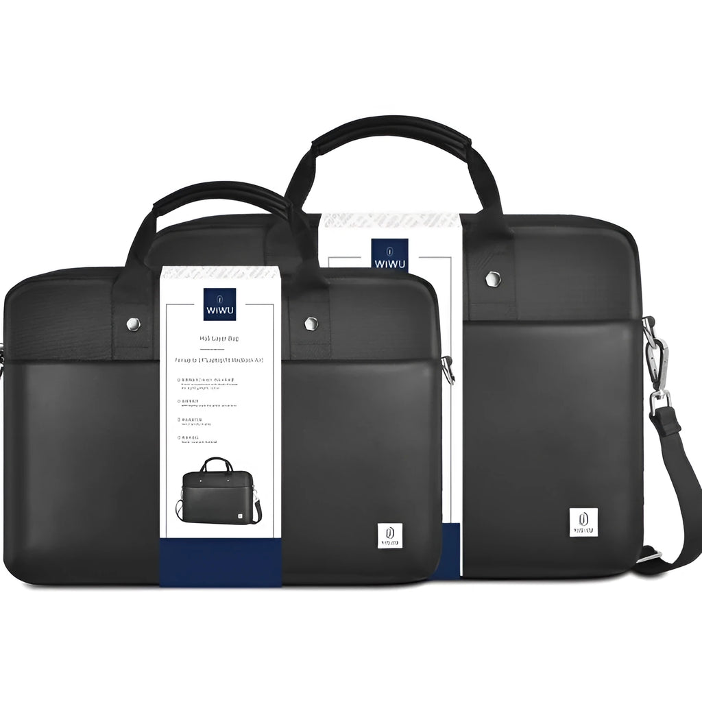 Black Oxford cloth laptop handbag with multiple pockets and compartments for a 14 or 15.6-inch computer.