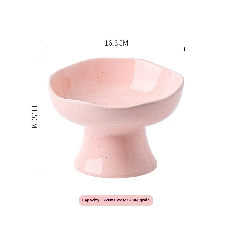 Anti-tumble large diameter ceramic pet bowl for cats in beige, side view