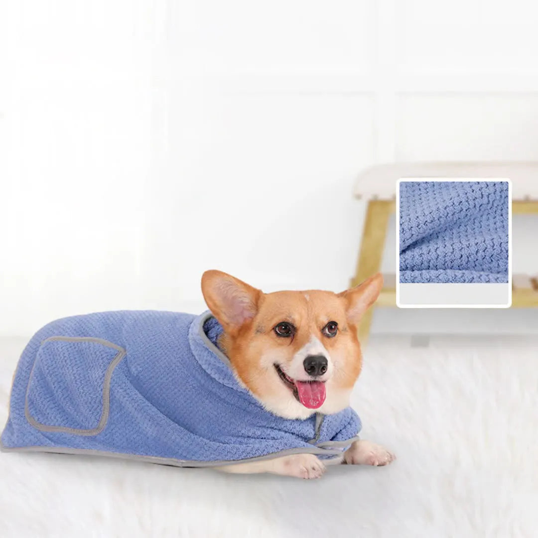 Blue microfiber dog bath robe towel with adjustable waistband wrapped around a dog.