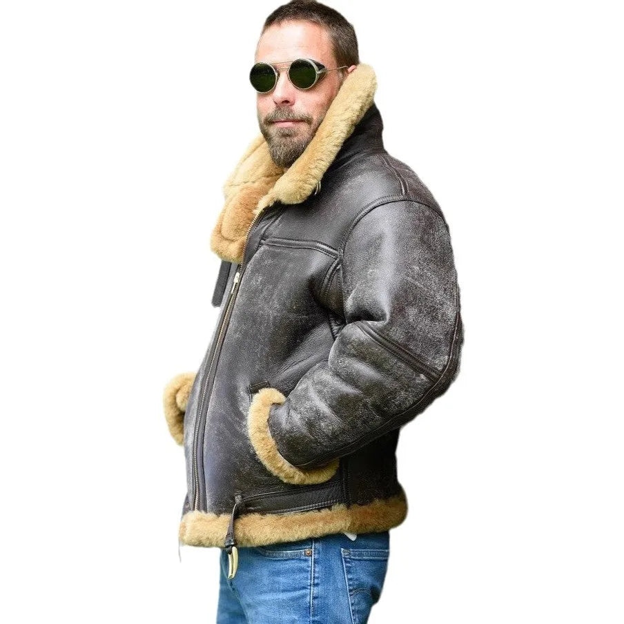 Men's brown retro faux fur coat with synthetic leather construction and side pockets