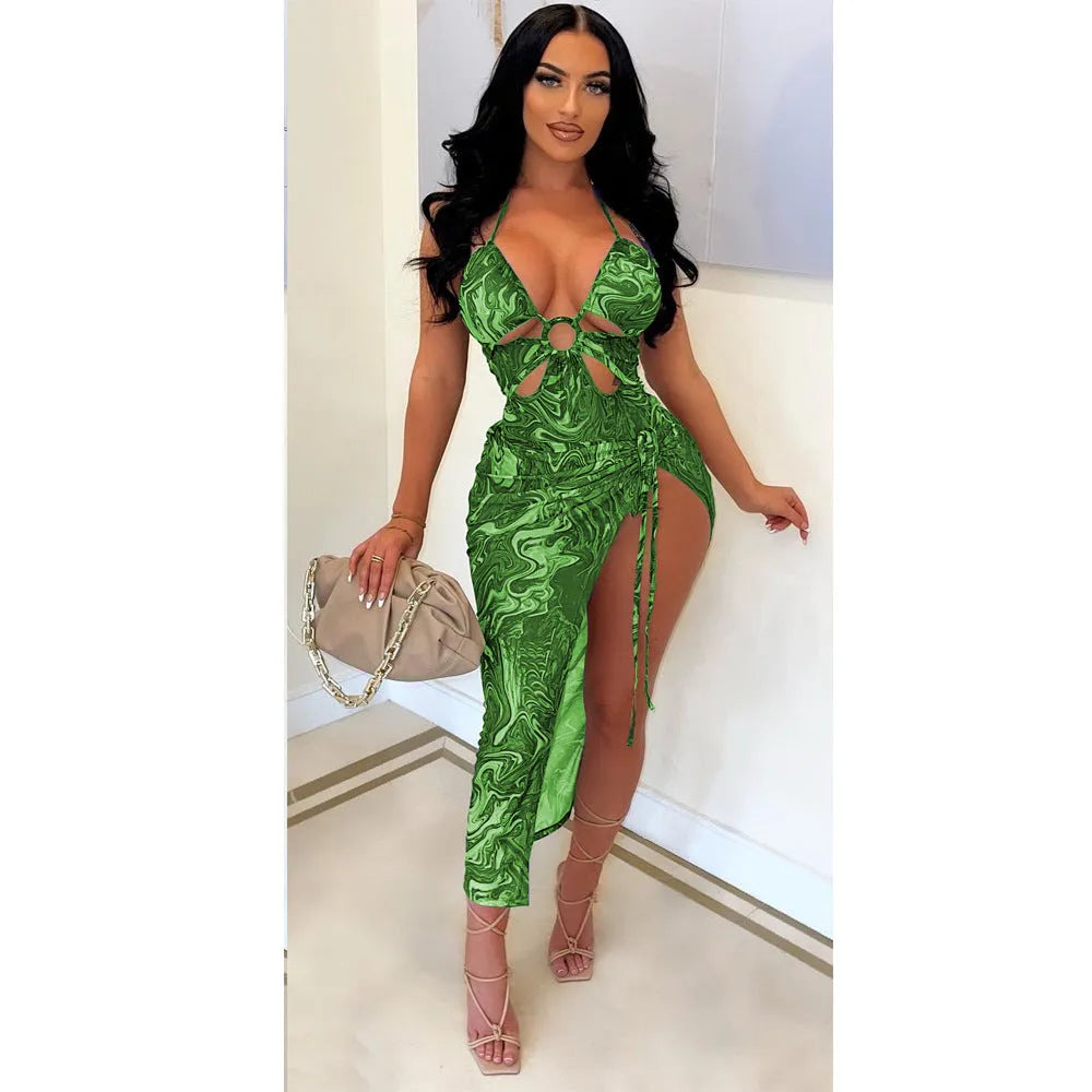 Women's printed lace up iron hoop beachwear two-piece set in pink, green, blue