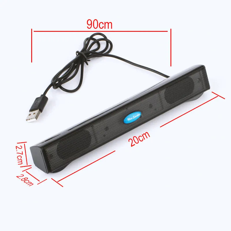 Black USB wired mini speaker for laptop computer with 200x28x27mm size and 900mm cable on a desk