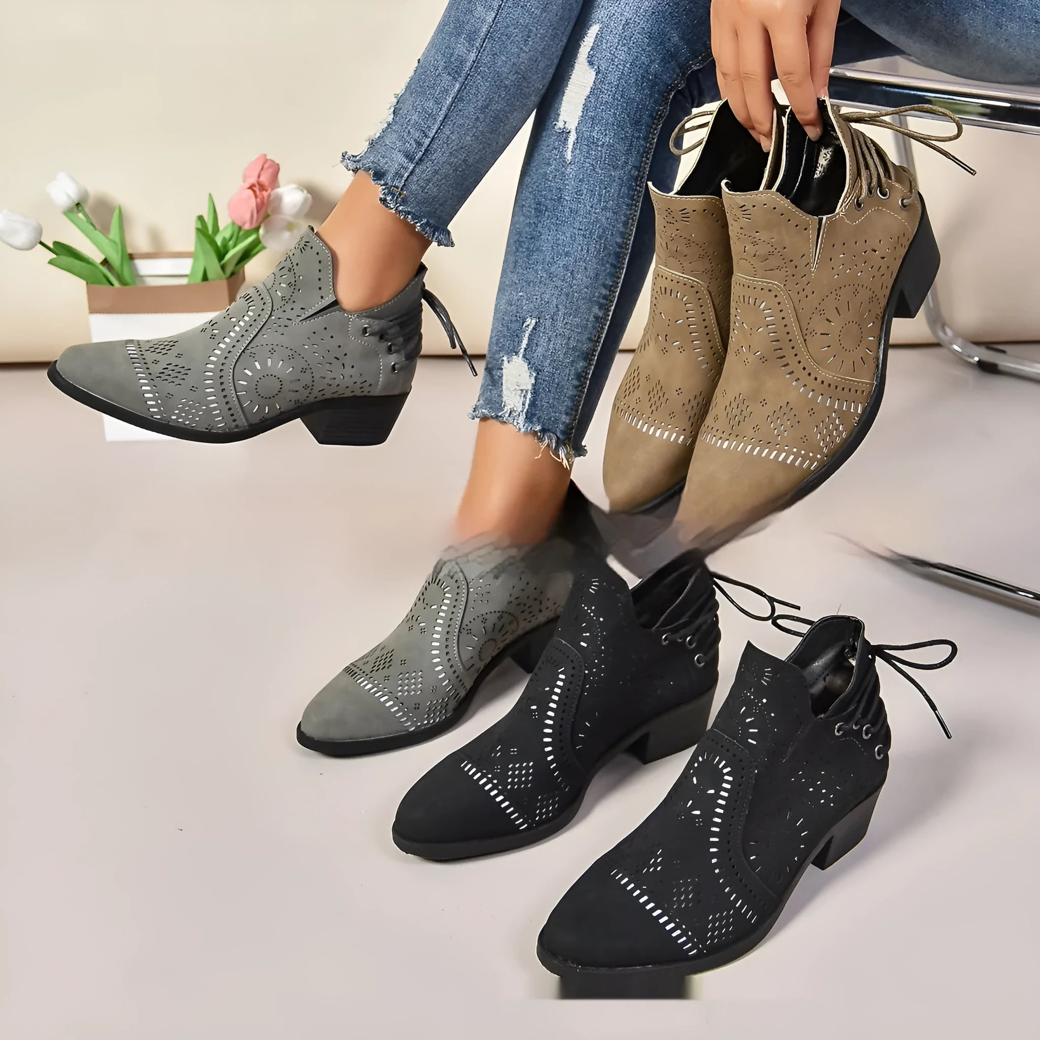 Women's plus size mid-calf boots in artificial PU leather available in black, grey and khaki colours
