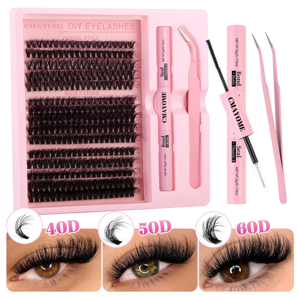 DIY false eyelashes extension kit showing single cluster lashes and eyelash tweezers on a clean surface
