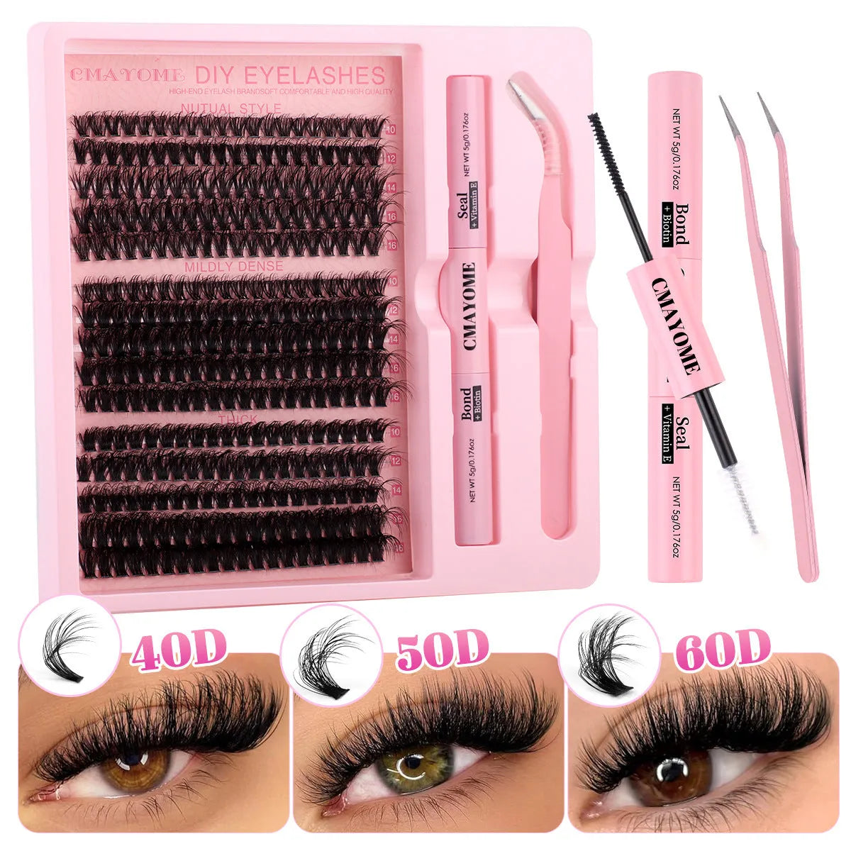 DIY false eyelashes extension kit showing single cluster lashes and eyelash tweezers on a clean surface