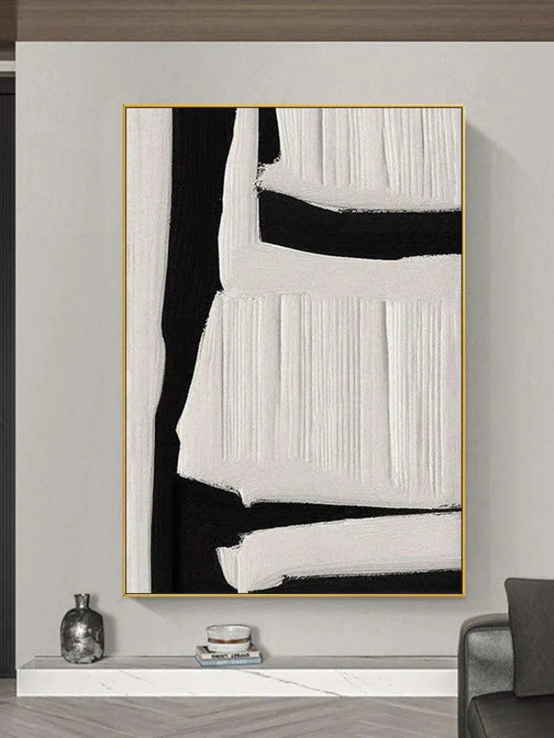Large abstract hand-painted oil painting on canvas in black, white and beige tones with textured surface