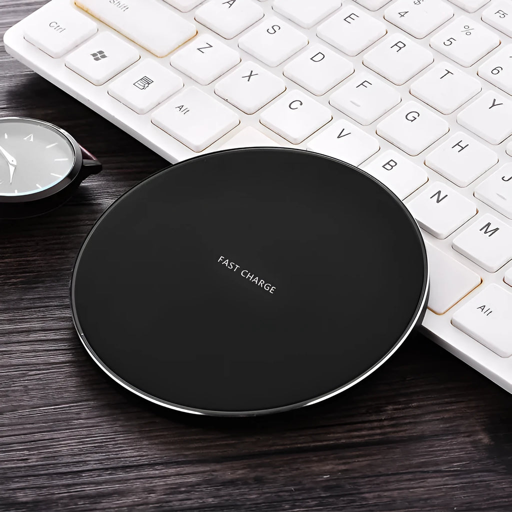Ultra-thin square wireless charging pad in black showing slim 6.5mm profile