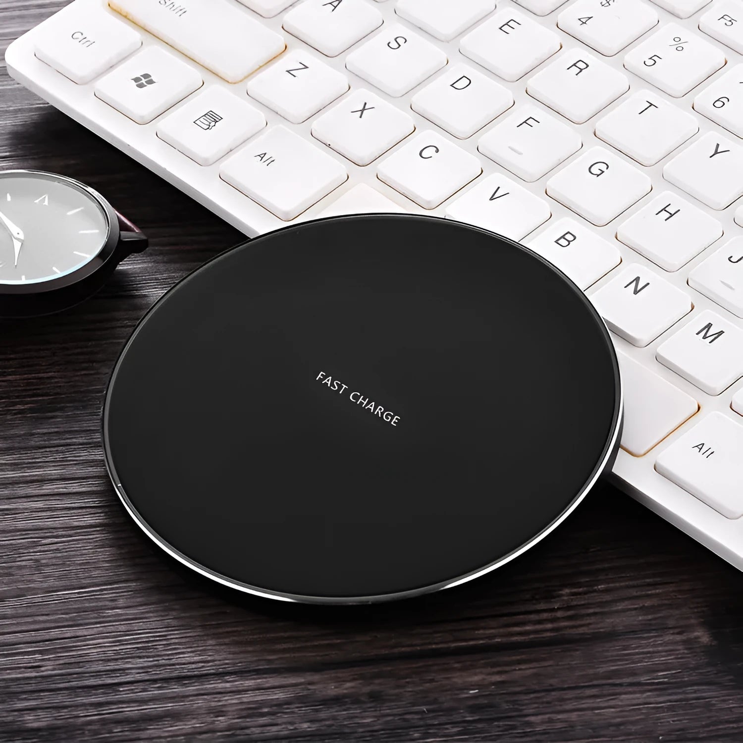 Ultra-thin square wireless charging pad in black showing slim 6.5mm profile