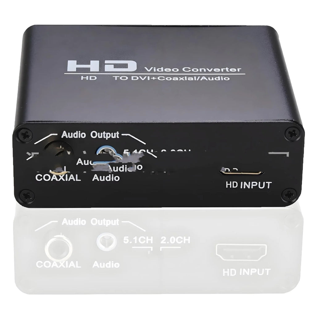 Black HDMI to DVI converter with coaxial audio output port, 1.5m cable, and power supply unit.