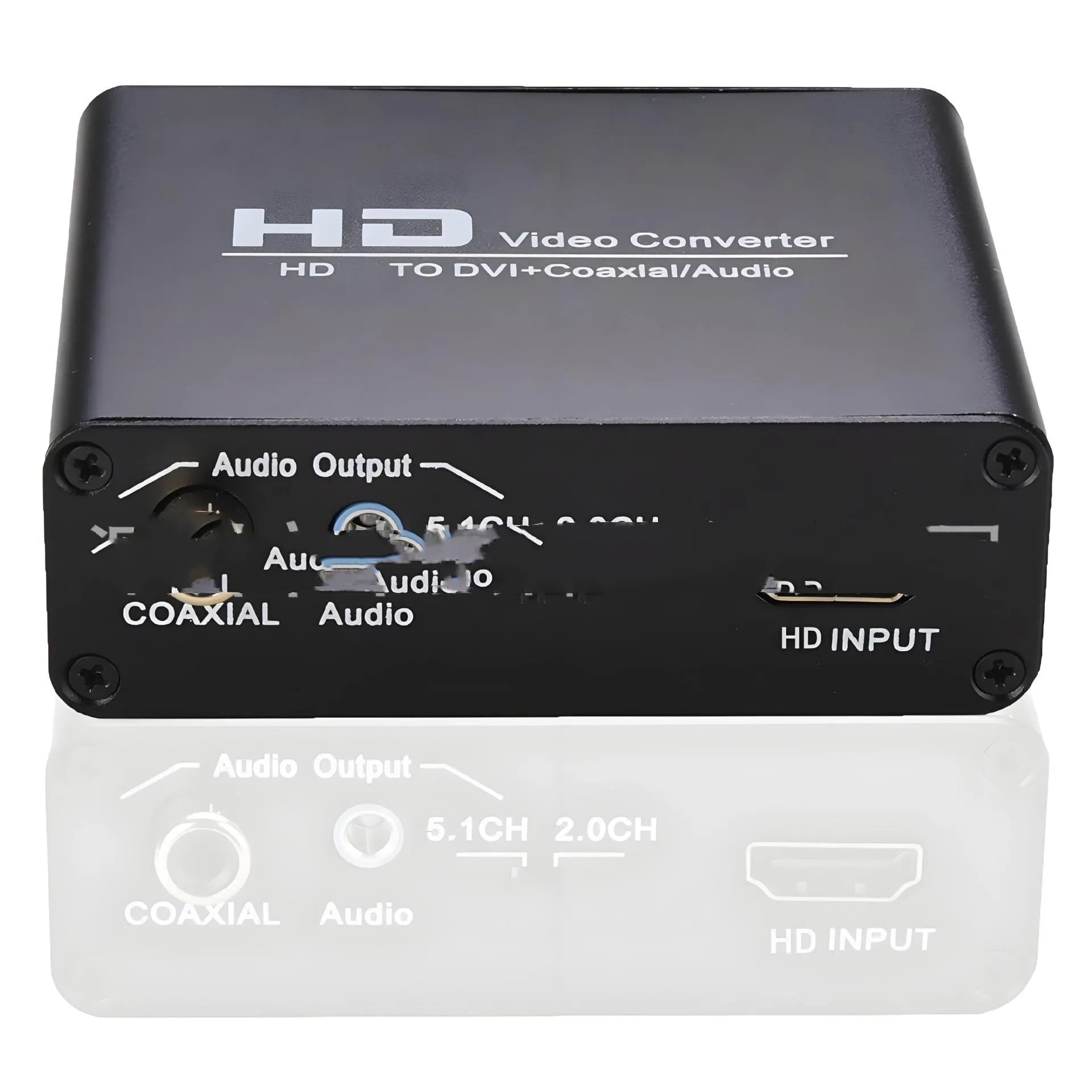 Black HDMI to DVI converter with coaxial audio output port, 1.5m cable, and power supply unit.