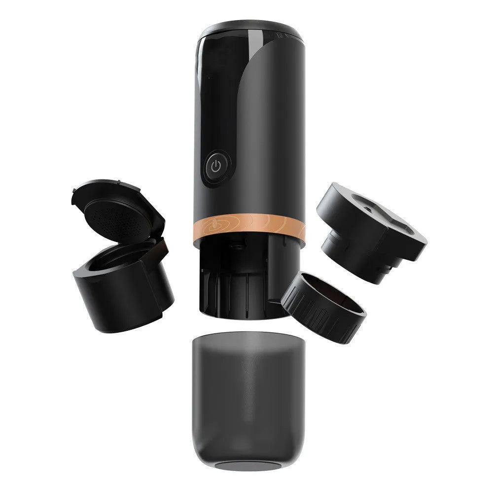 Portable rechargeable espresso maker with 9 bar pump, plastic body, powder and capsule holder, 75mm wide 228mm tall