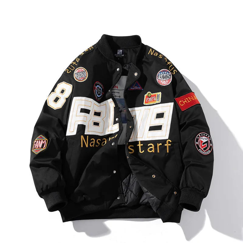 American motorcycle baseball uniform jacket with removable hood options in black red blue colours