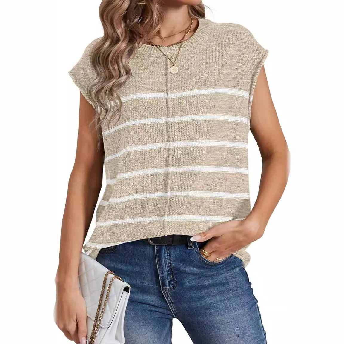 Women's striped sleeveless pullover top in acrylic fabric with bone stitching detail.