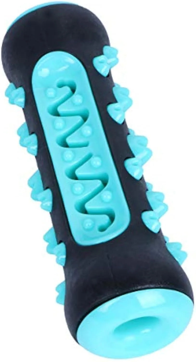 Natural rubber dog dental chew toy in blue, shown as a toothbrush-shaped stick for teeth cleaning.