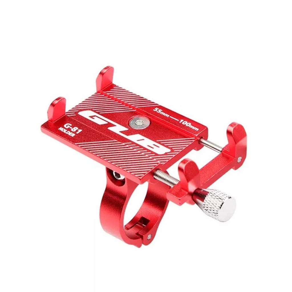 Aluminium alloy bicycle phone holder with 360-degree rotation on a bike handlebar.
