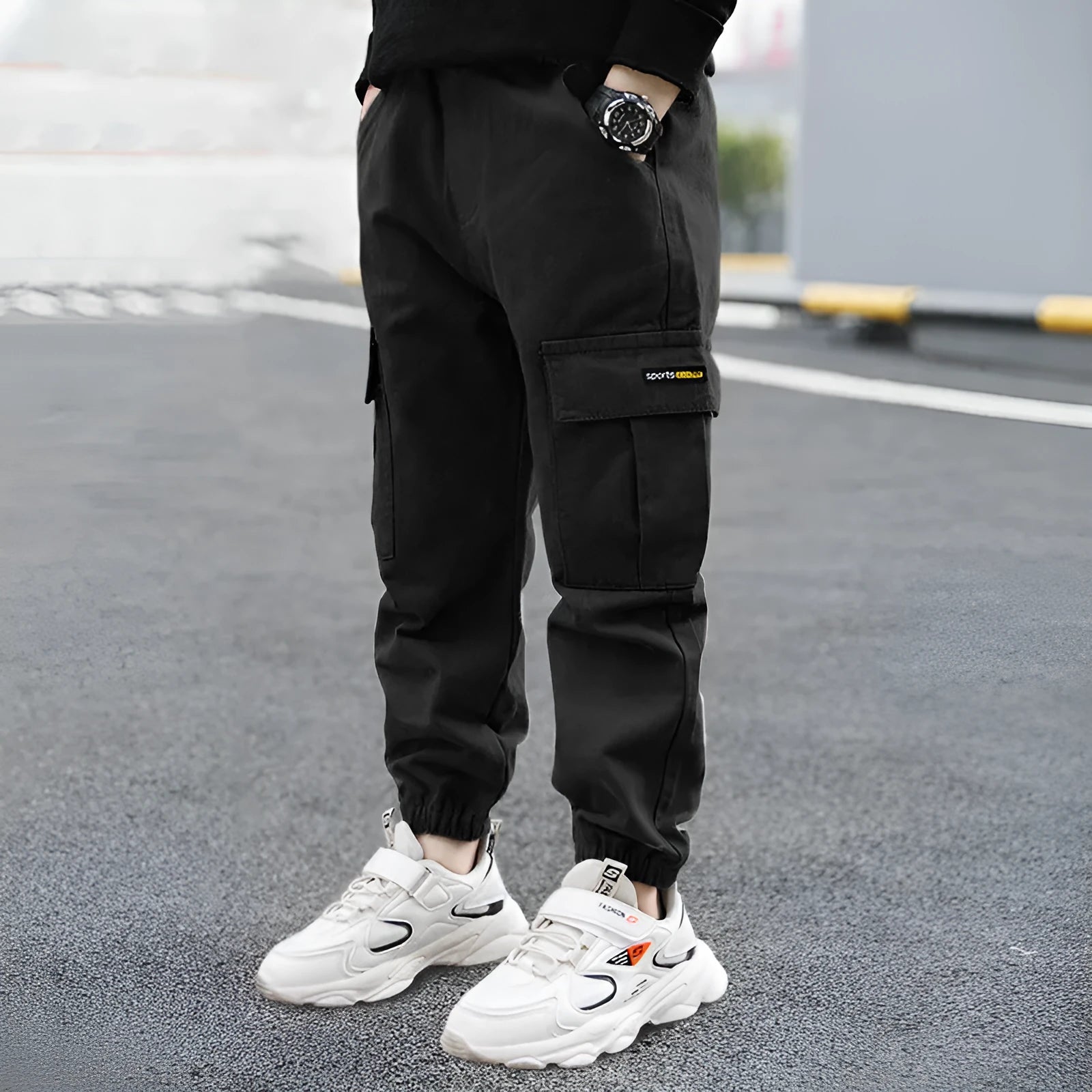Boys' cotton casual trousers in army green, black, or khaki showing summer overalls style and non-opening crotch design