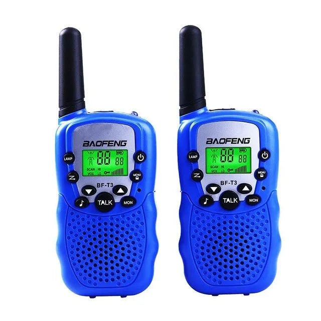 Child holding colourful walkie talkie with 22-channel display and push-to-talk button