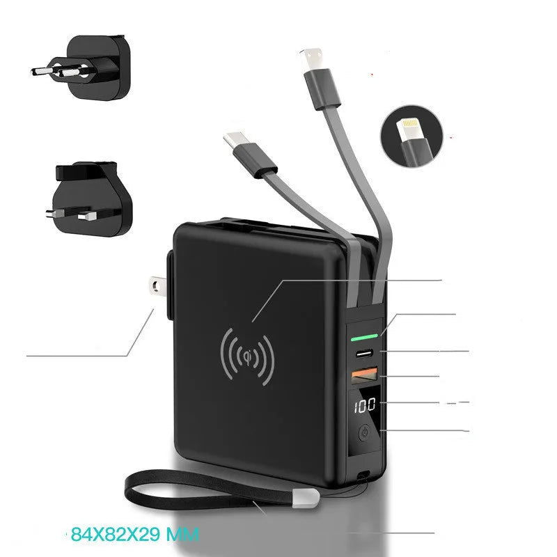Black and white Super QI wireless power bank with fold-out international plug pins and USB-C port.