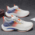 Men's white and blue sneaker with a rotating buckle and mesh upper on a rubber sole.