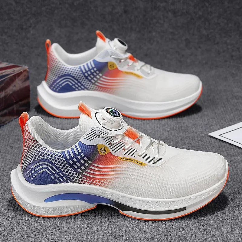 Men's white and blue sneaker with a rotating buckle and mesh upper on a rubber sole.