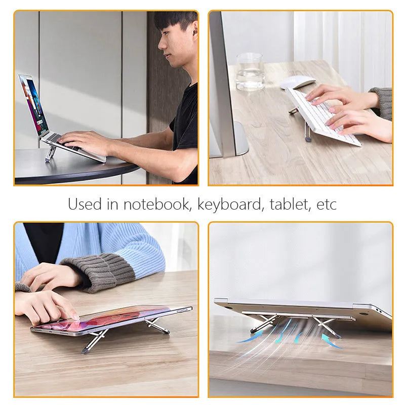 Aluminium laptop cooling bracket in silver colour, showing adjustable height mechanism for notebook support