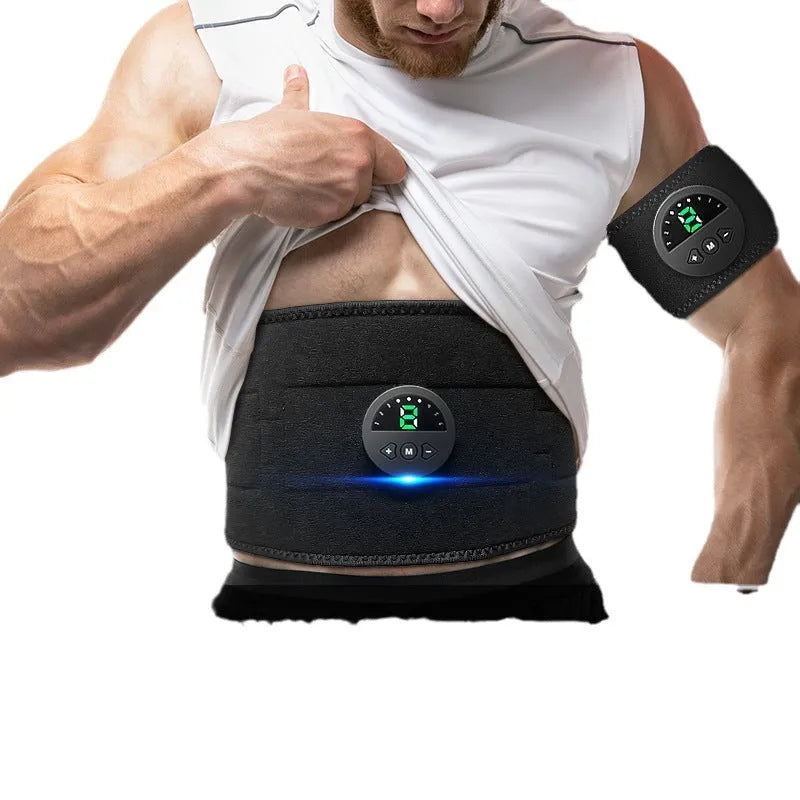EMS fitness belt with adjustable strap and host unit for waist and abdomen workouts.