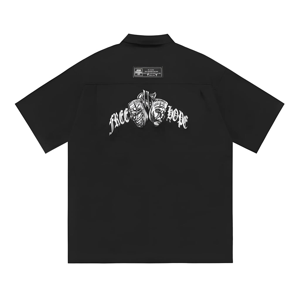 Men's plus size black cotton blend shirt with embroidery detail and half sleeves