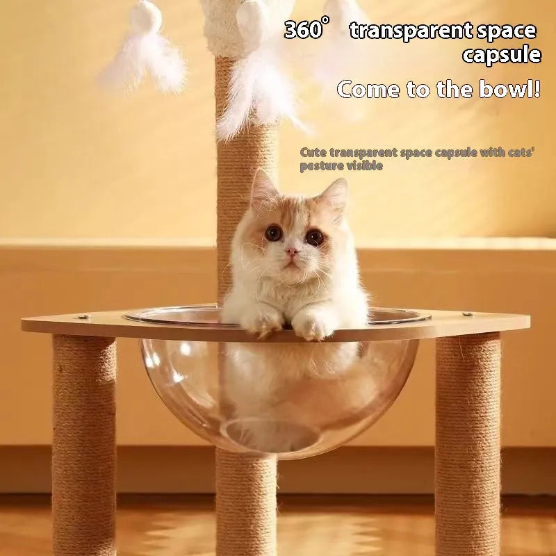 Wooden cat climbing frame with space capsule hideaway in luxury finish