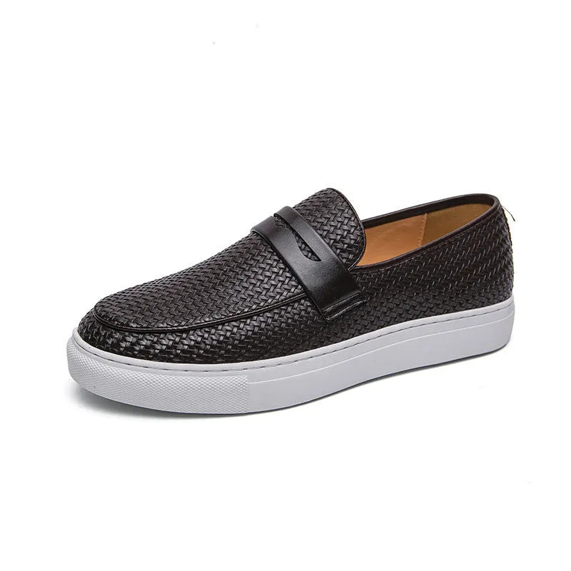 Korean style men's casual flat shoes brown artificial PU upper with sewing line detail