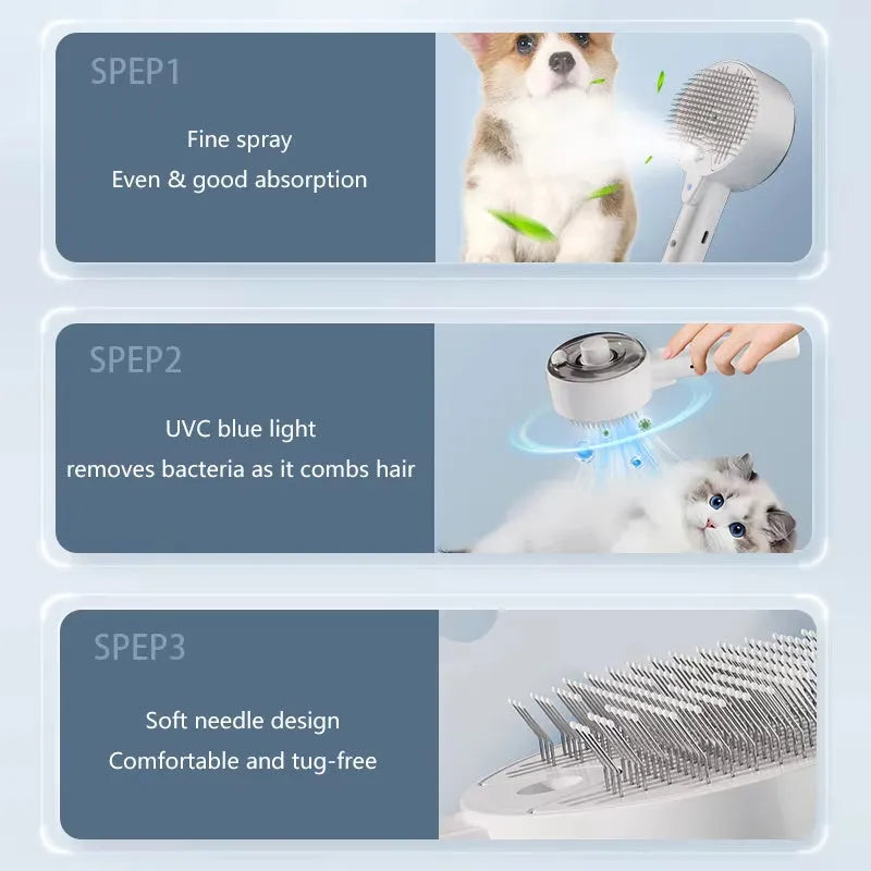 3-in-1 electric steam brush for cat and dog grooming, pink, with spray and massage comb