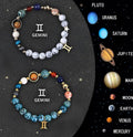 Twelve adjustable natural stone bead bracelets with silver zodiac charms laid out on a table.