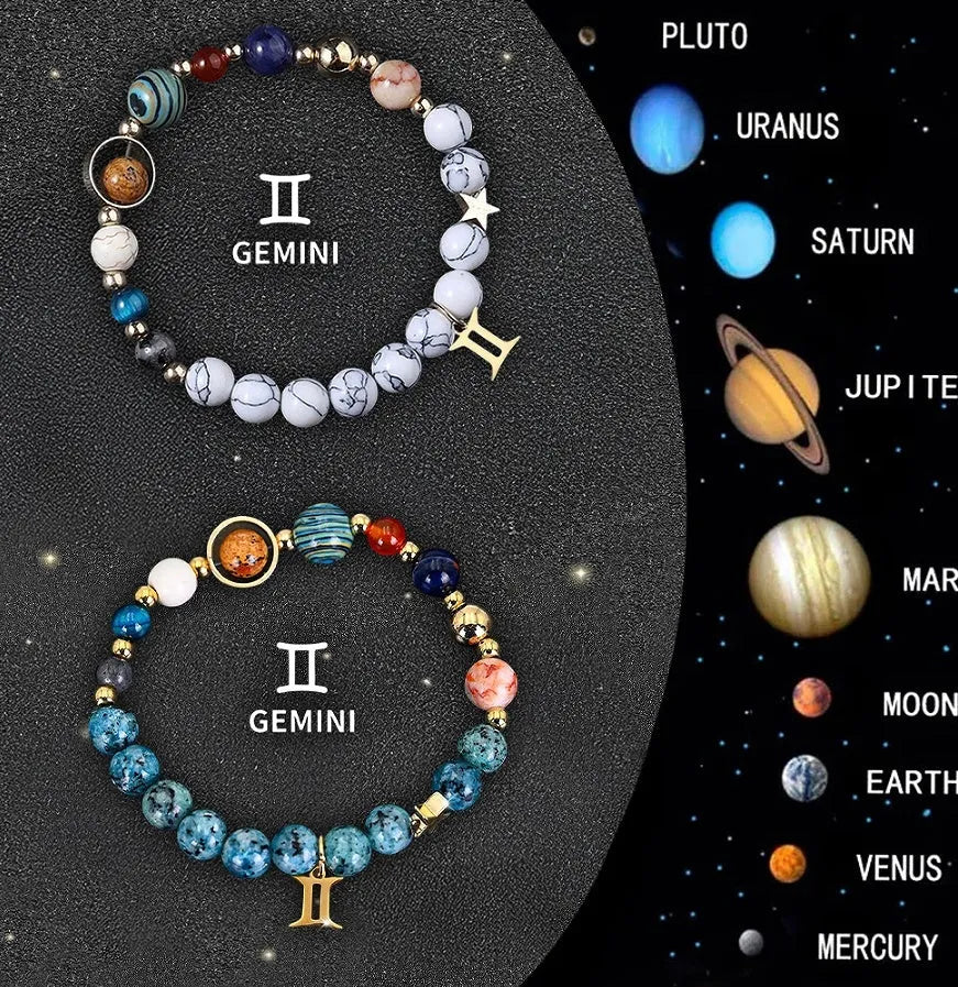 Twelve adjustable natural stone bead bracelets with silver zodiac charms laid out on a table.