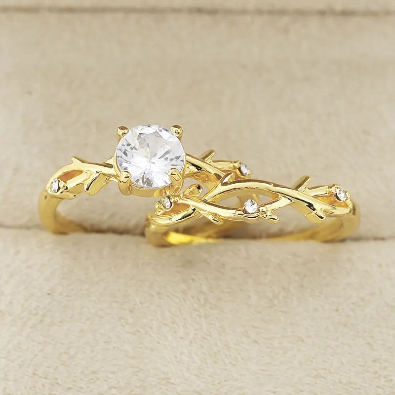 Rose gold copper geometric couple ring set with simulation diamonds on a white background, size No.8 shown