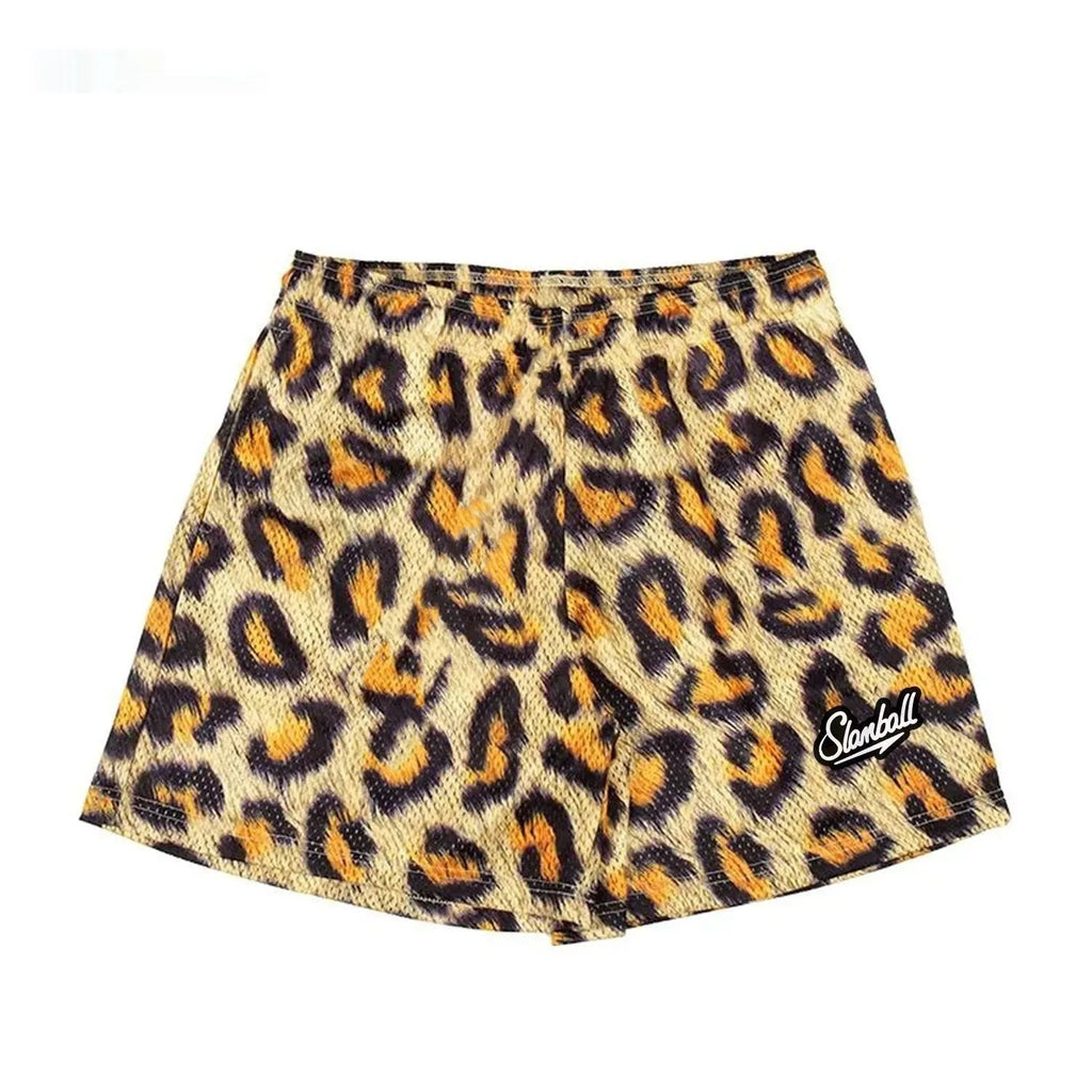 Men's leopard print quick-dry fitness shorts with mid waist and shorts length.