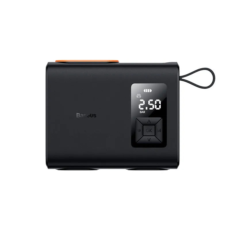 Black portable electric car tyre inflator with digital display, hose, and Type-C charging port