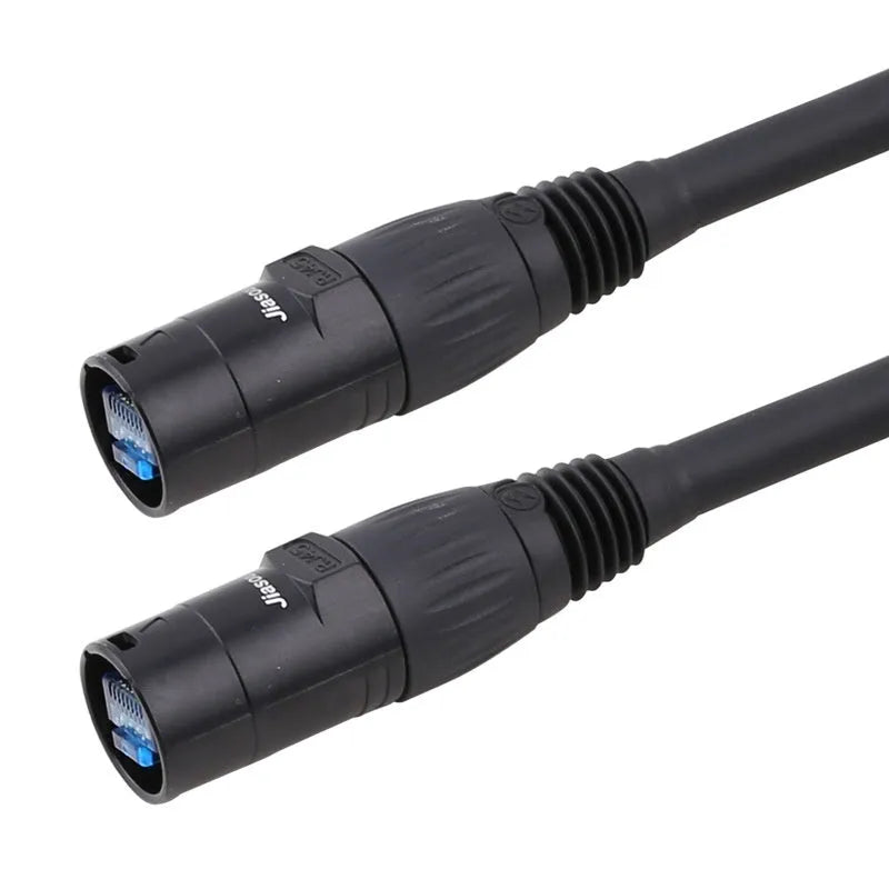 Black CAT6 RJ45 network extension cable with male connectors on a white background.