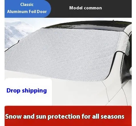 Thickened aluminium foil car windshield snow cover with anti-skis and door holders for general vehicles