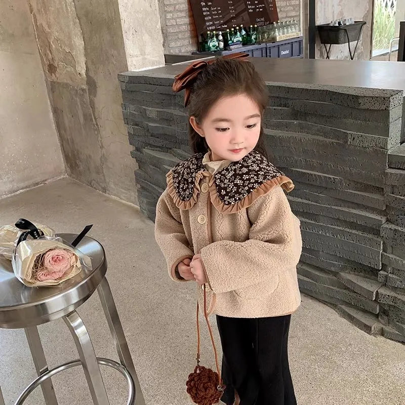 Mori style girls' fleece-lined khaki coat with long sleeves for winter, available in heights 80-140cm