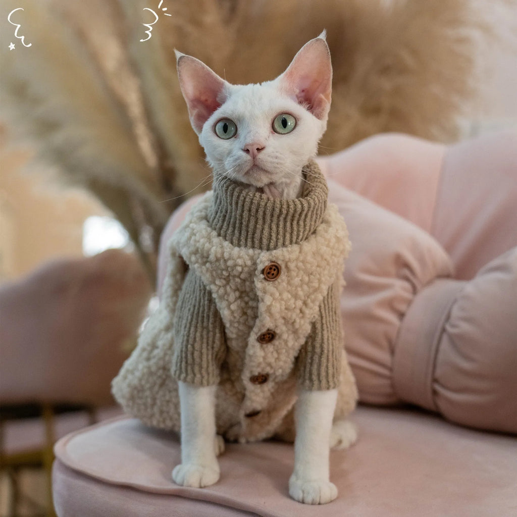 Plush lambswool buckle cat vest in brown or milk coffee, sizes S to XXXL+ for cats 1kg to 7.25kg