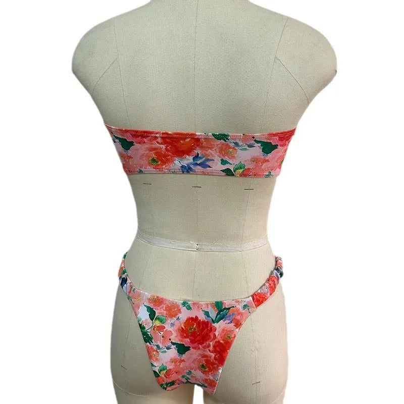Women's floral printed tube top bikini set with lace trim in blue, pink, yellow colours