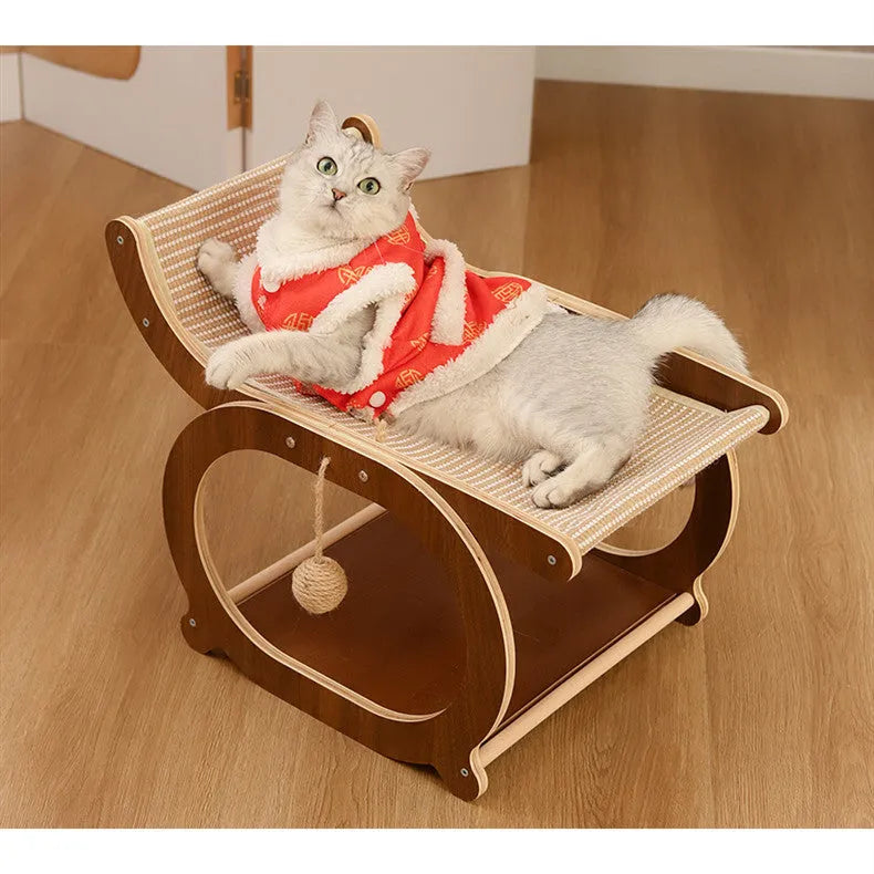 Solid wood sisal scratching mat for cats in walnut colour on a wooden floor