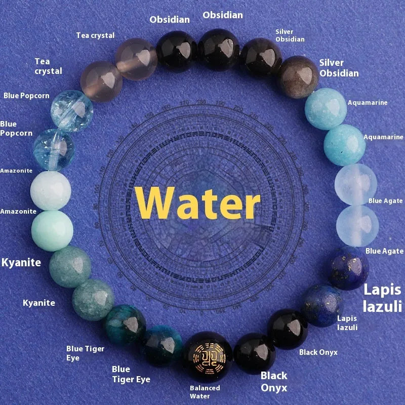 Green agate energy balance bracelet with metal lucky cat and auspicious charm on a wooden surface.