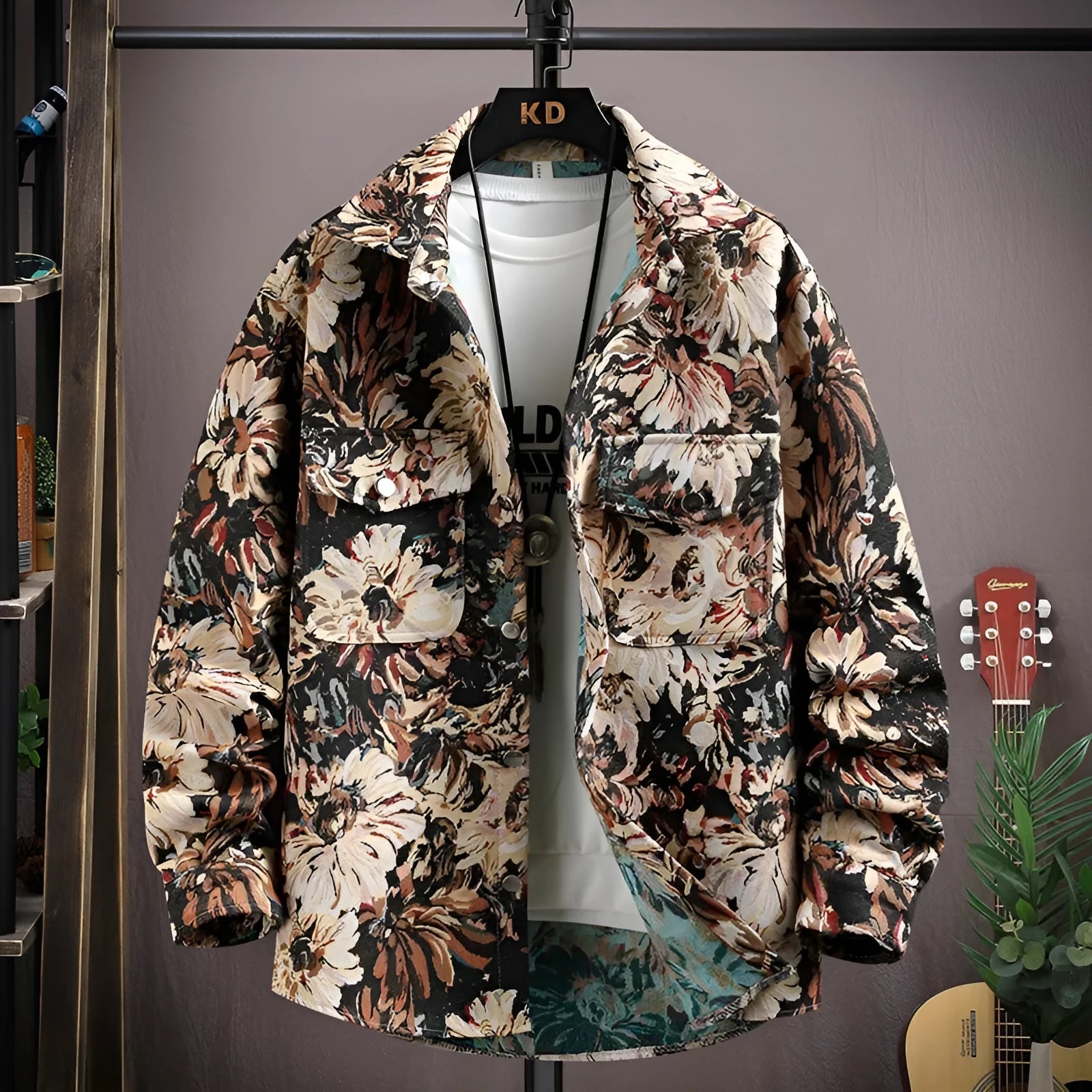 Personality casual lapel shirt coat in a colour option, shown with long sleeves and straight hem.