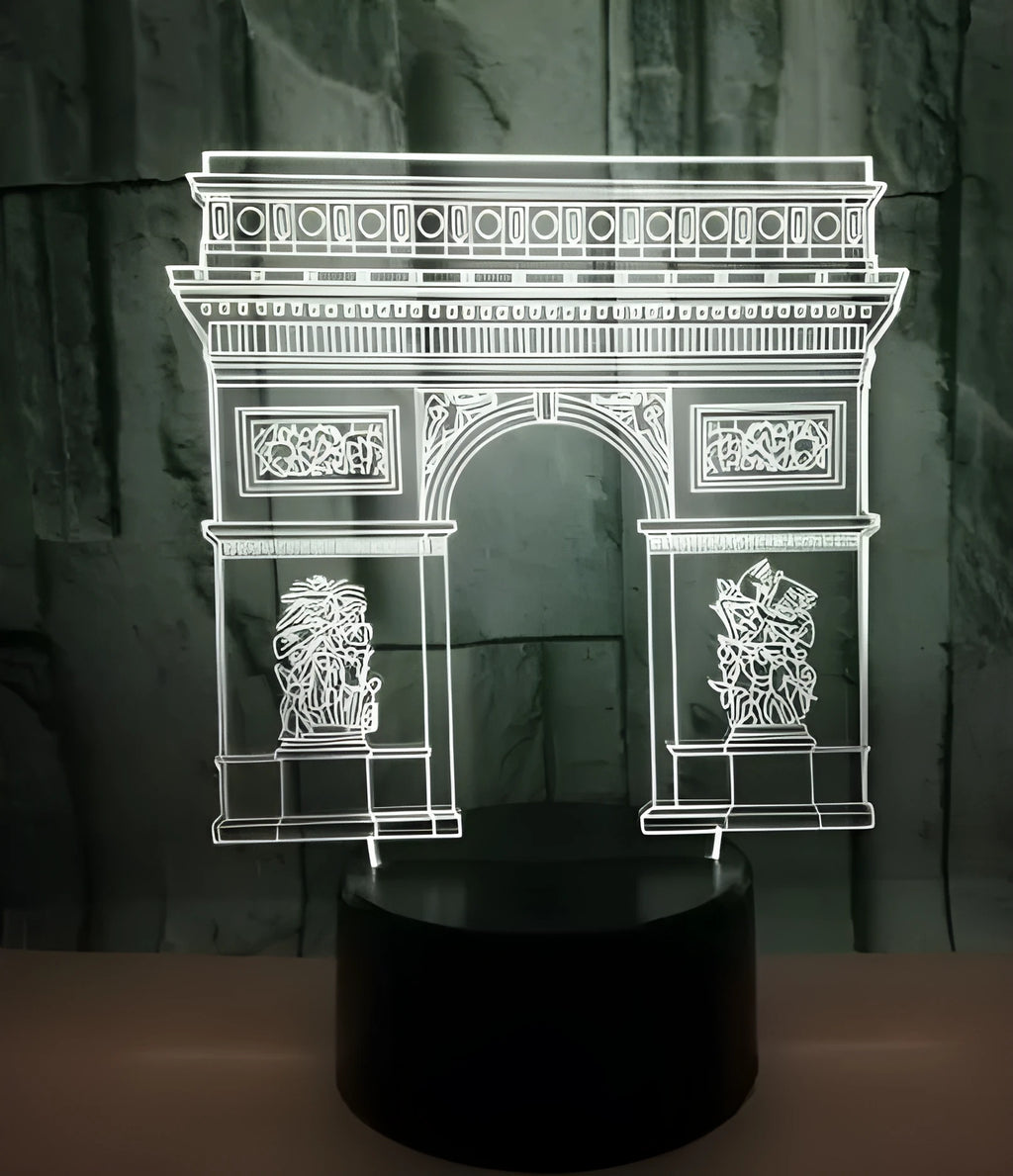 Triumphal Arch 3D night light showing Acrylic panel on black ABS base with touch control