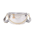 Shiny hard-shell PU chest bag with wide shoulder strap, chain detail, and internal pockets in silver colour