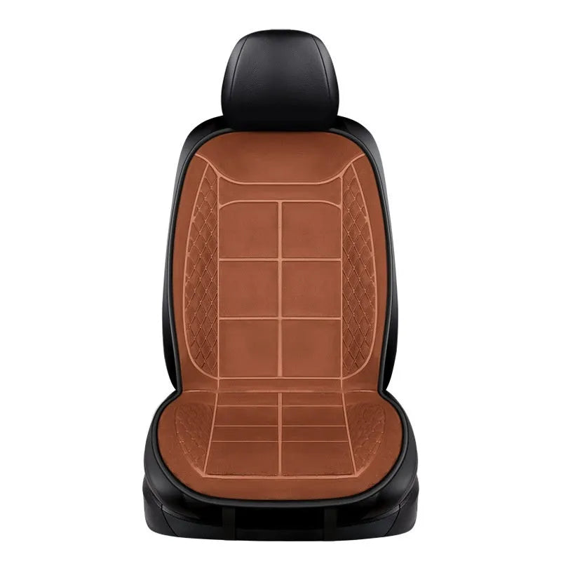 Beige automatic heating cushion for a car seat with cotton filler.